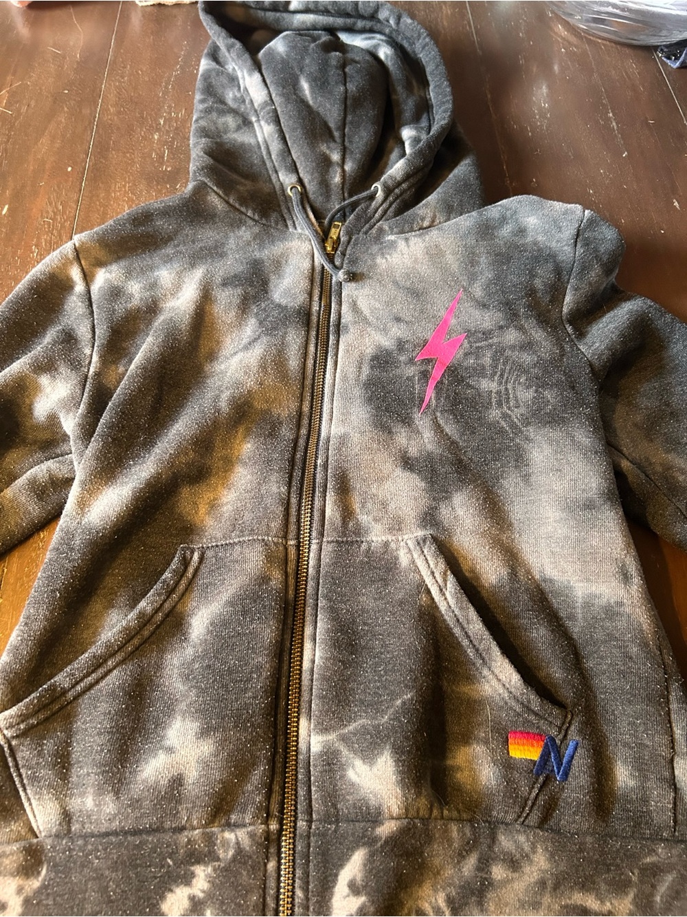 Aviator Nation Black & Gray Tie-Dye Zip Hoodie with Pink Lightning Bolt